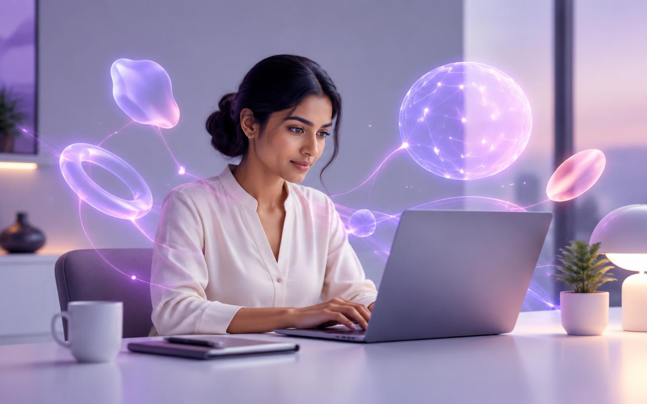 A professional working on a laptop surrounded by soft glowing AI light shapes