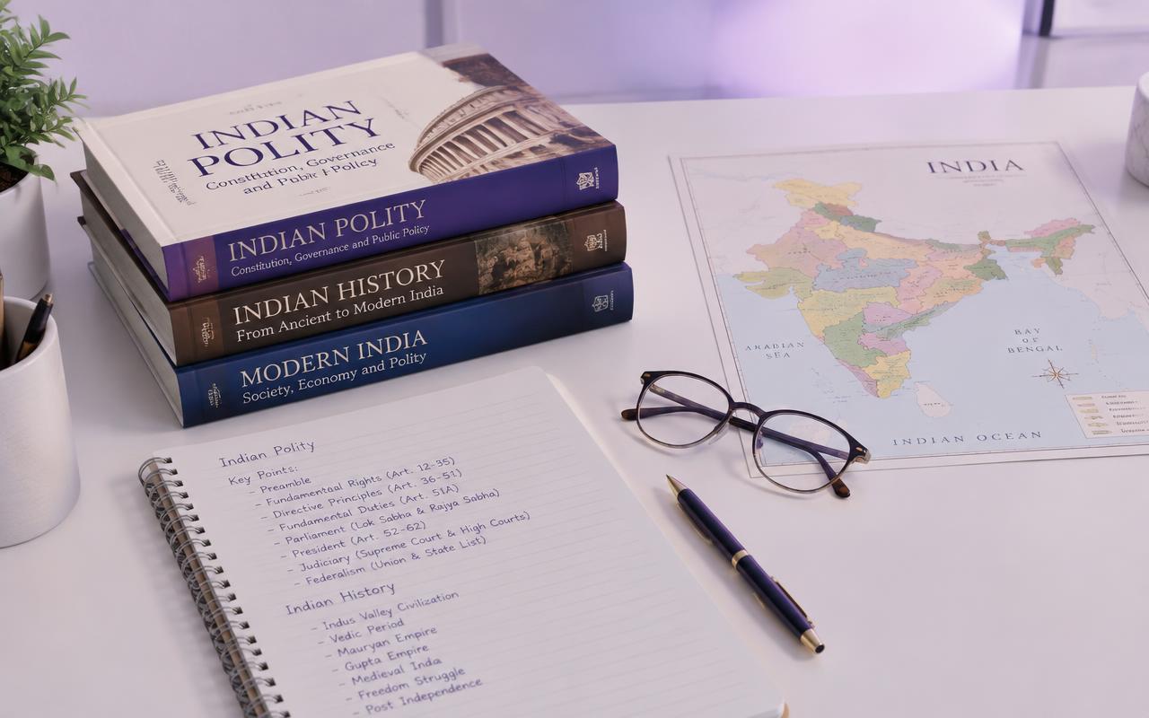 Indian polity and history books with an India map and study notes