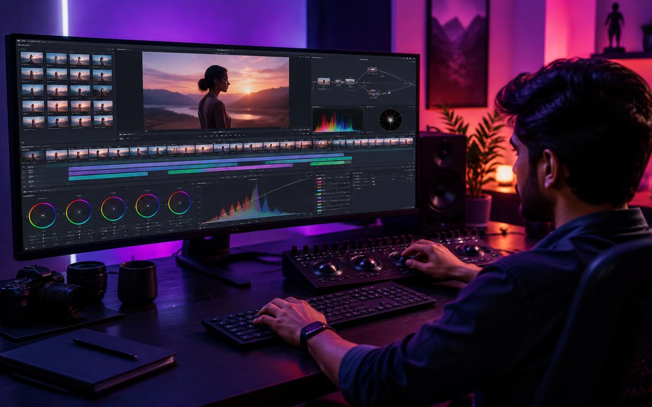 An editor colour grading footage in a violet-lit editing suite
