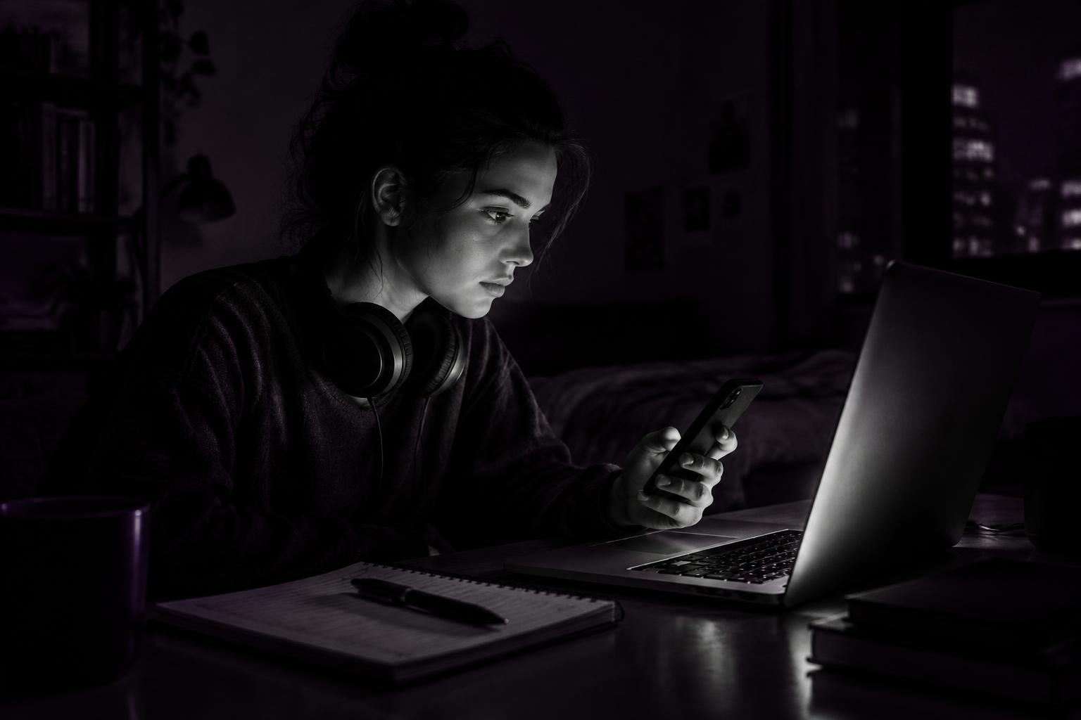 A learner studying at night with a laptop and phone