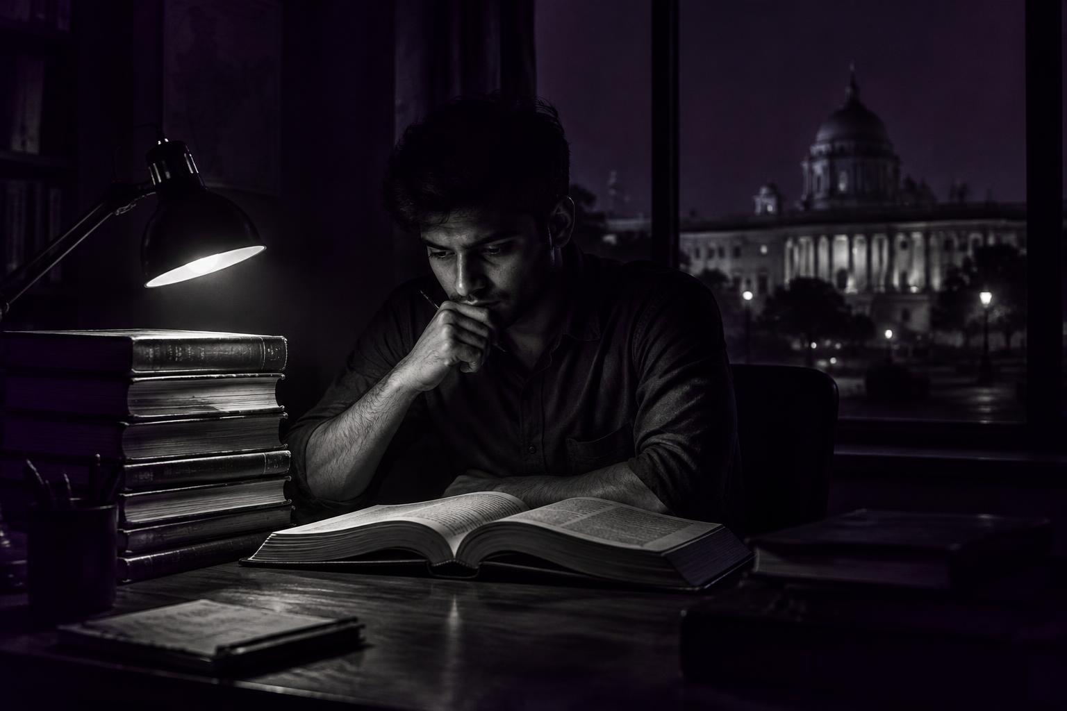 A civil service aspirant studying late at night, government building visible through the window