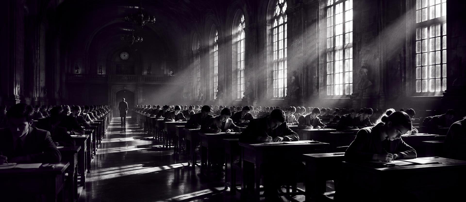 Candidates writing a scholarship entrance examination in a grand hall
